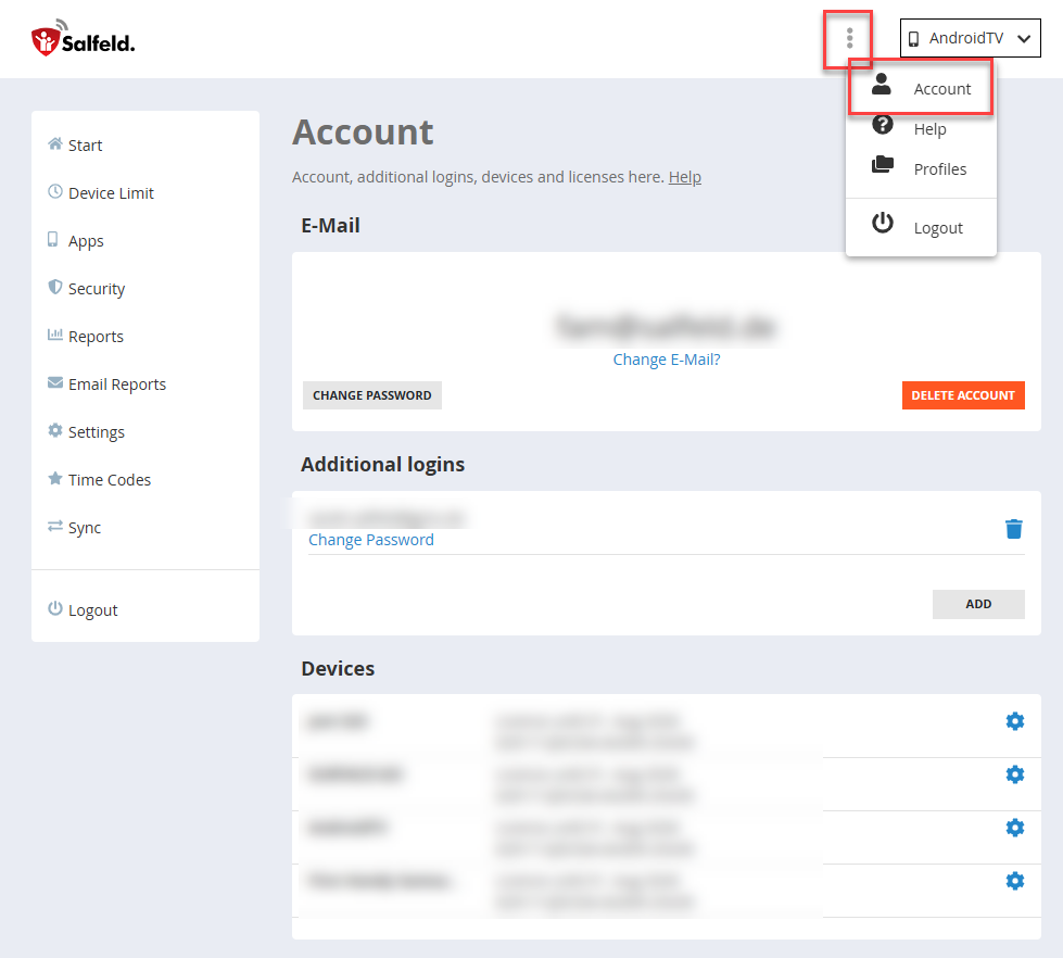 Account section in the web portal
