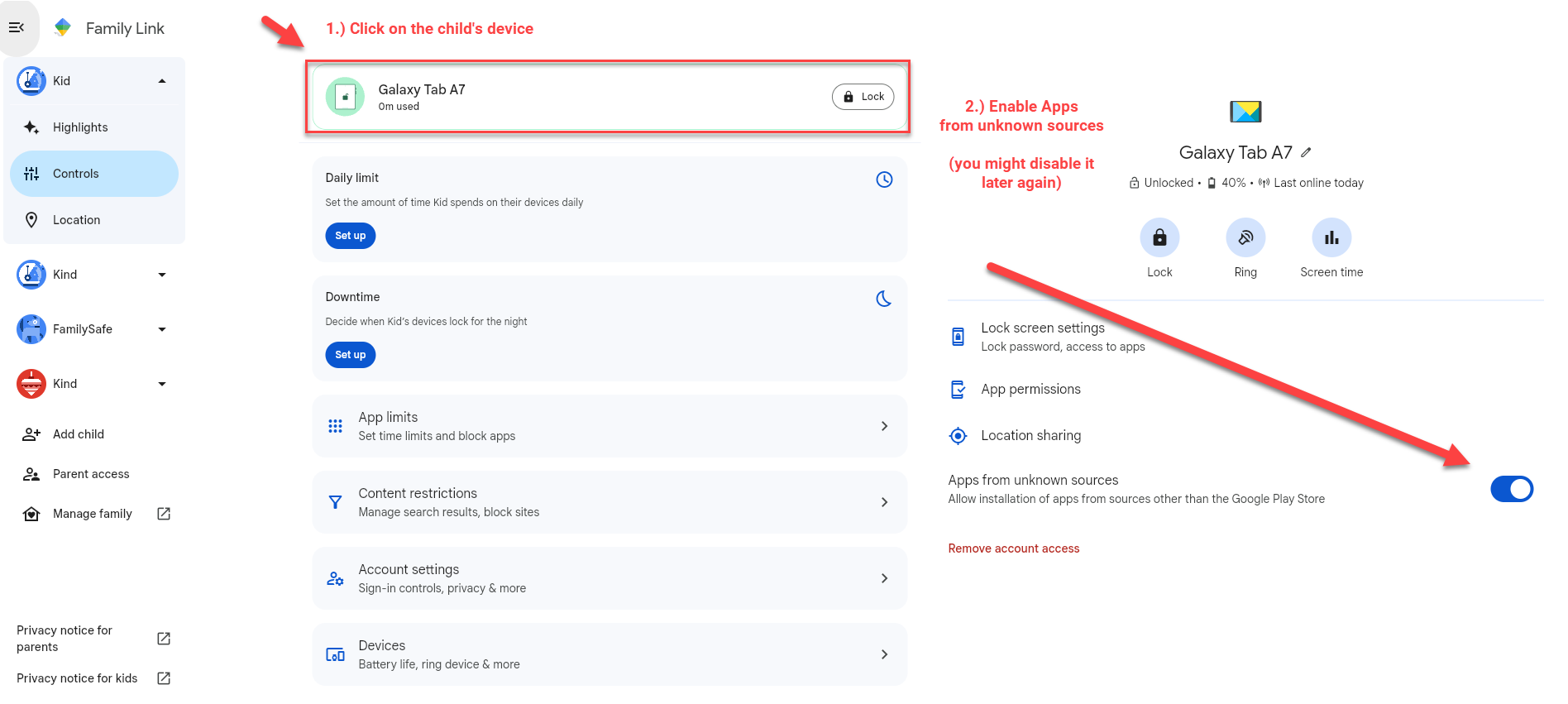 Aperçu des appareils Google Family Link
