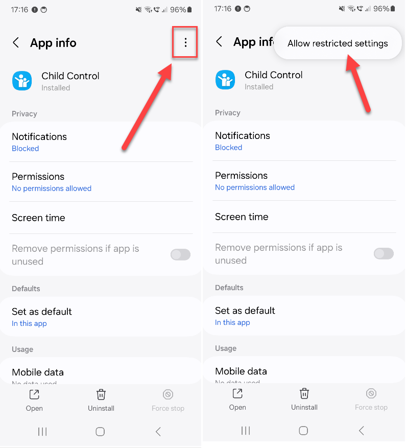 Paramètres d'application : Autoriser les paramètres restreints