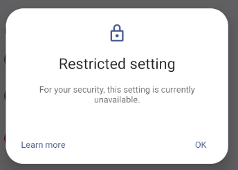 Avertissement Android : Paramètre restreint