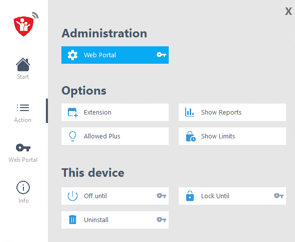 Child Control action menu with reports and limits