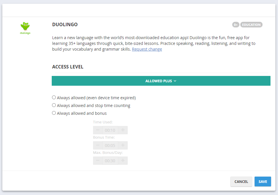 Allowed PLUS access level options