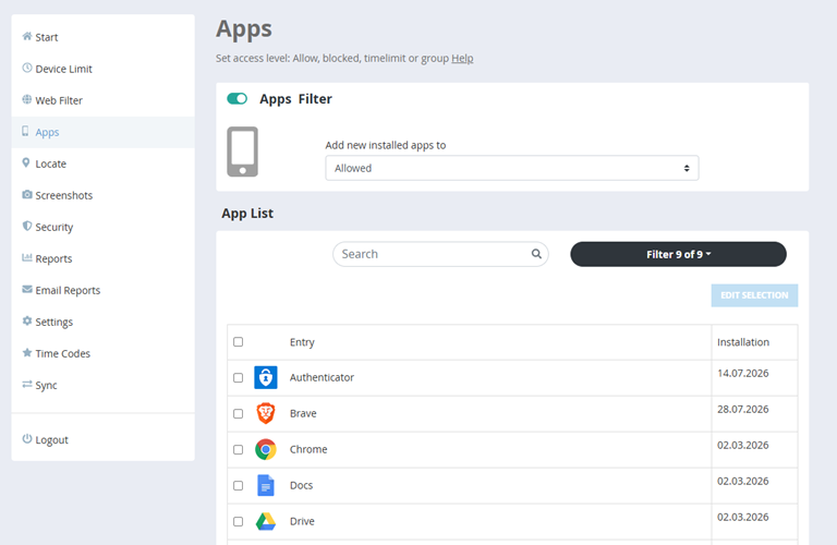 App list overview in the web portal
