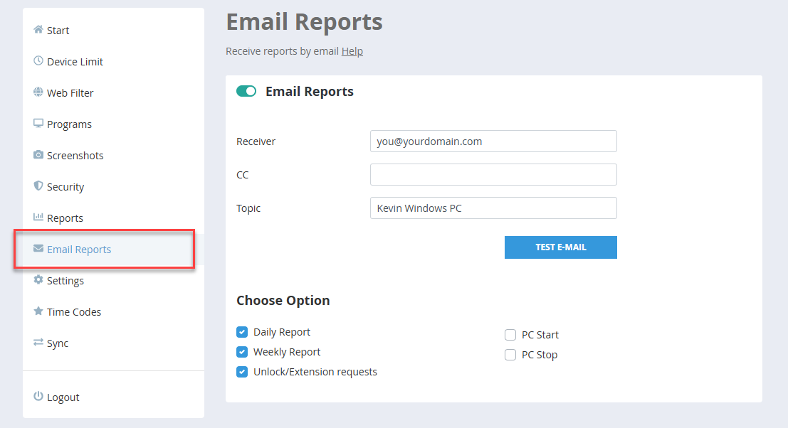 Email report settings
