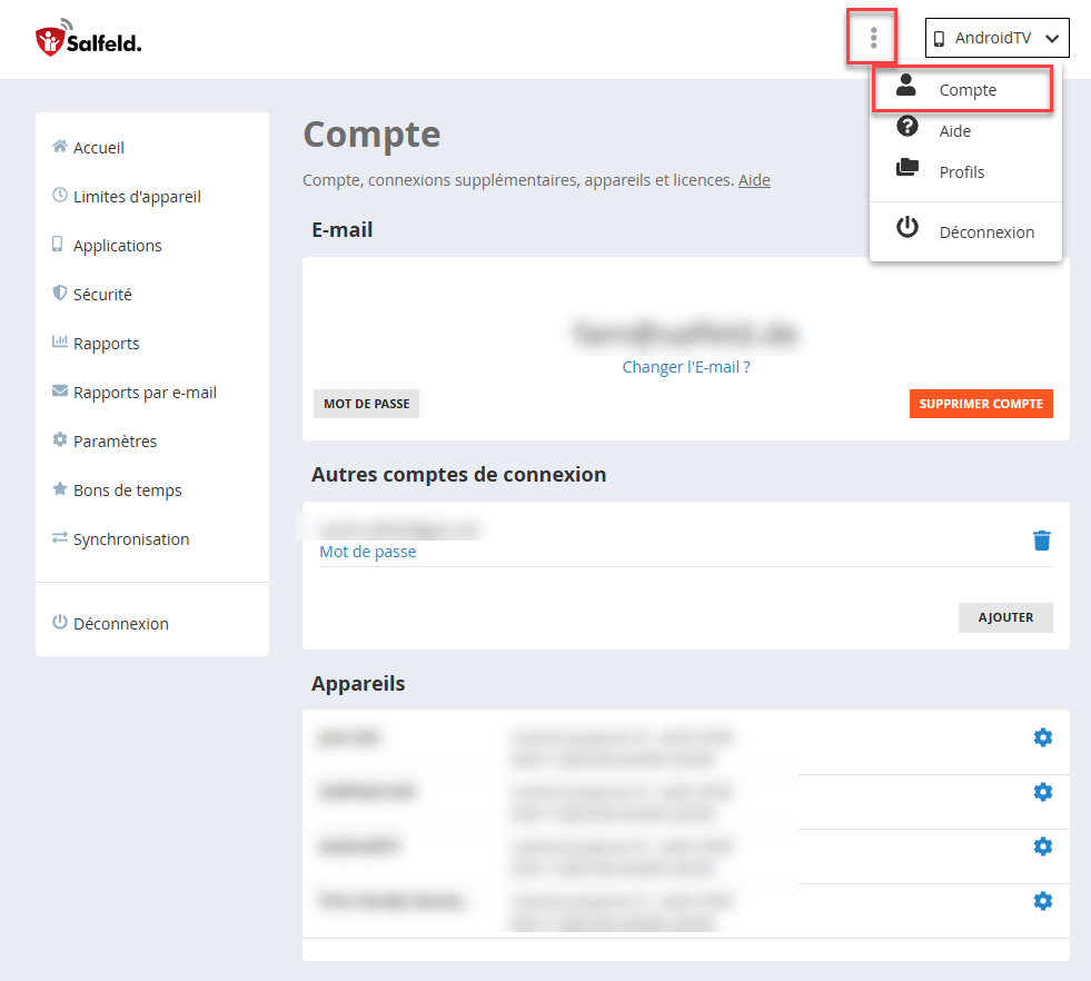 Section Compte dans le portail web