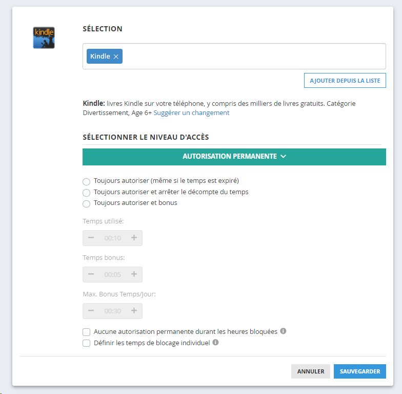 Options de l'autorisation permanente