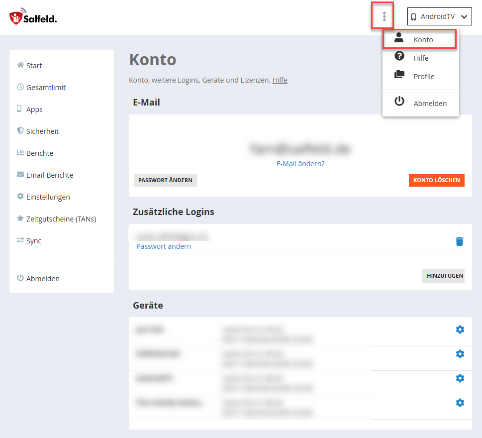 Konto Bereich im Web Portal