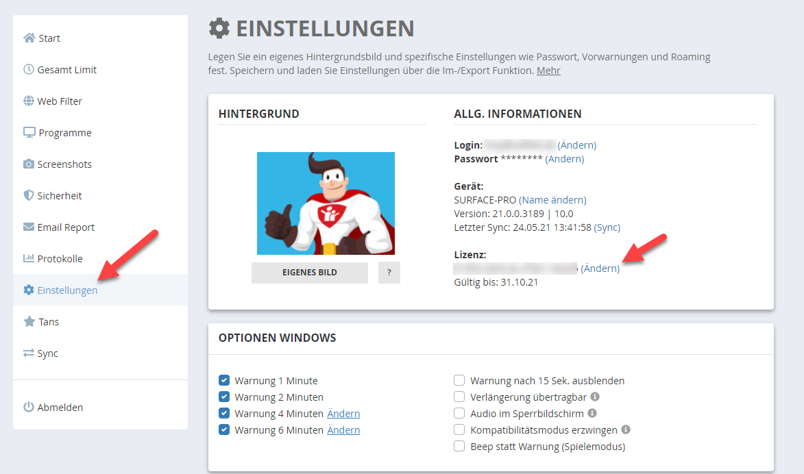 Lizenzeingabe über die Einstellungen