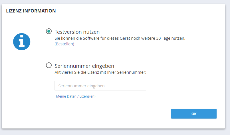 Lizenzhinweis nach Login im Web Portal