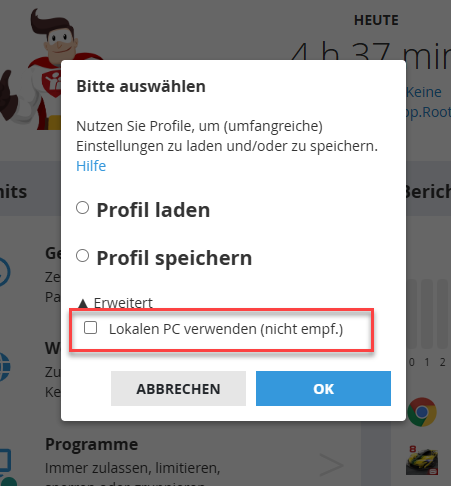 Profil lokal auf dem PC speichern oder laden